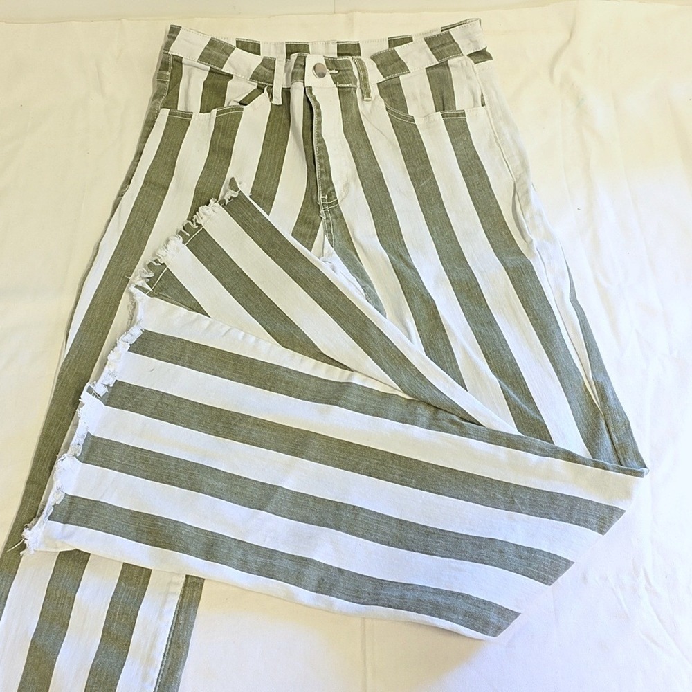 Saints & Hearts Flare Jeans Women L Green White Striped Bell Bottom Raw Hem